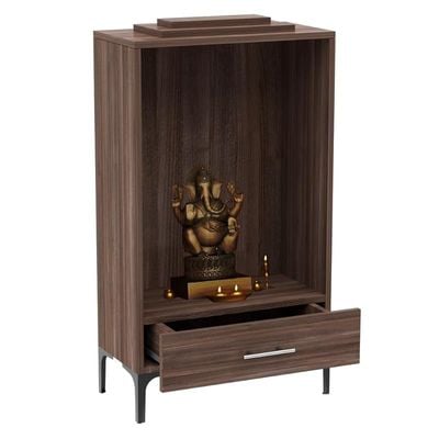 Mahmayi Modern Wooden Mandir, Temple with Single Drawer for Keeping Pooja Essentials, Steel Legs - Truffle Brown Branson Robinia - Ideal for Home, Office, Temple