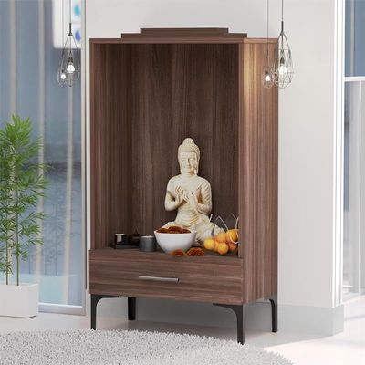 Mahmayi Modern Wooden Mandir, Temple with Single Drawer for Keeping Pooja Essentials, Steel Legs - Truffle Brown Branson Robinia - Ideal for Home, Office, Temple