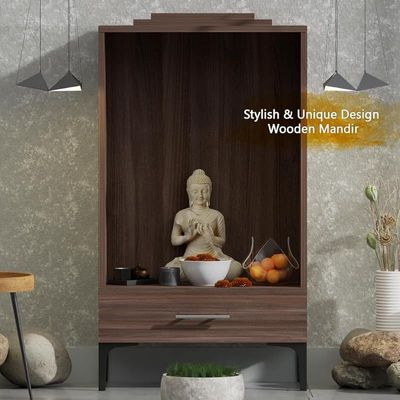 Mahmayi Modern Wooden Mandir, Temple with Single Drawer for Keeping Pooja Essentials, Steel Legs - Truffle Brown Branson Robinia - Ideal for Home, Office, Temple