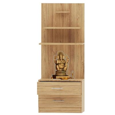 Mahmayi Modern Wooden Mandir, Temple with 2 Drawers and 3 Shelves for Keeping Pooja Essentials, Small Idols - Brown Kansas Oak - Ideal for Home, Office, Temple