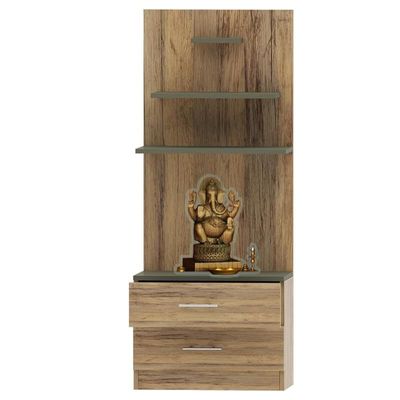 Mahmayi Modern Wooden Mandir, Temple with 2 Drawers and 3 Shelves for Keeping Pooja Essentials, Small Idols - Vintage Santa Fe Oak and Lava Grey - Ideal for Home, Office, Temple