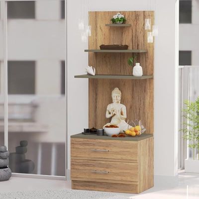 Mahmayi Modern Wooden Mandir, Temple with 2 Drawers and 3 Shelves for Keeping Pooja Essentials, Small Idols - Vintage Santa Fe Oak and Lava Grey - Ideal for Home, Office, Temple