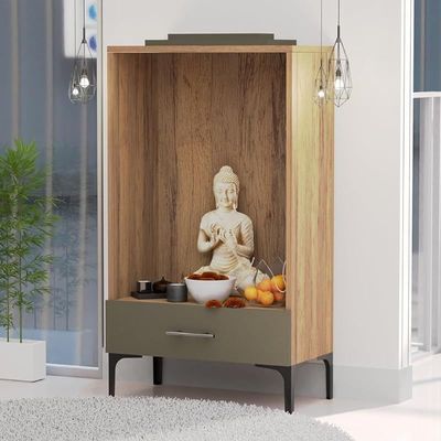 Mahmayi Modern Wooden Mandir, Temple with Single Drawer for Keeping Pooja Essentials, Steel Legs - Vintage Santa Fe Oak and Lava Grey - Ideal for Home, Office, Temple