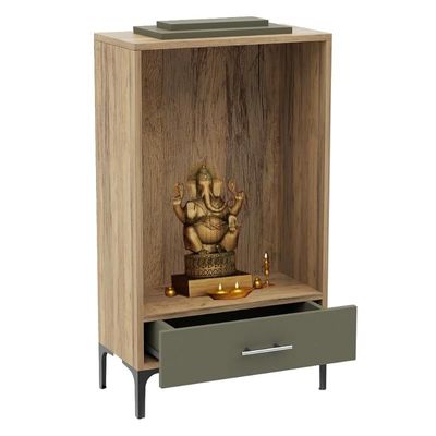 Mahmayi Modern Wooden Mandir, Temple with Single Drawer for Keeping Pooja Essentials, Steel Legs - Vintage Santa Fe Oak and Lava Grey - Ideal for Home, Office, Temple