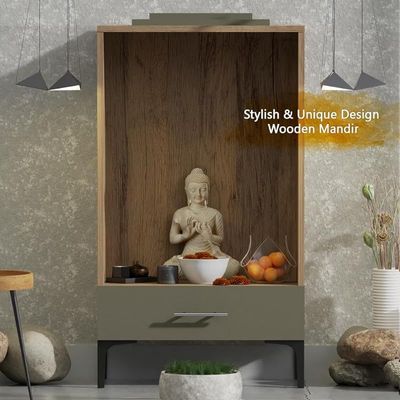 Mahmayi Modern Wooden Mandir, Temple with Single Drawer for Keeping Pooja Essentials, Steel Legs - Vintage Santa Fe Oak and Lava Grey - Ideal for Home, Office, Temple