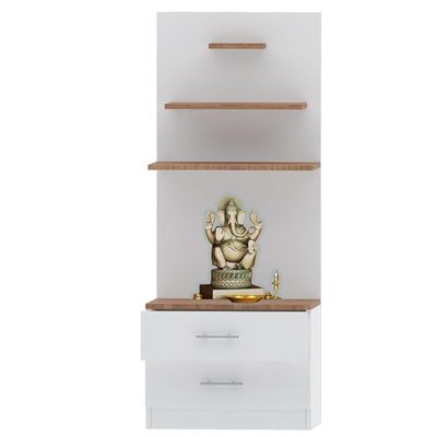 Mahmayi Modern Wooden Mandir, Temple with 2 Drawers and 3 Shelves for Keeping Pooja Essentials, Small Idols - Brown Arizona Oak - Ideal for Home, Office, Temple
