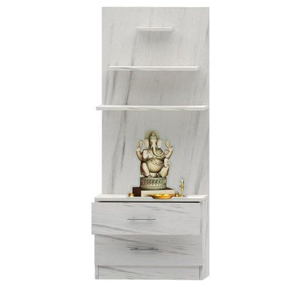 Mahmayi Modern Wooden Mandir, Temple with 2 Drawers and 3 Shelves for Keeping Pooja Essentials, Small Idols - White Levanto Marble - Ideal for Home, Office, Temple