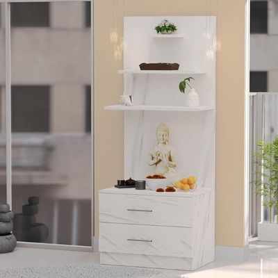 Mahmayi Modern Wooden Mandir, Temple with 2 Drawers and 3 Shelves for Keeping Pooja Essentials, Small Idols - White Levanto Marble - Ideal for Home, Office, Temple
