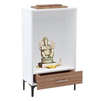 Mahmayi Modern Wooden Mandir, Temple with Single Drawer for Keeping Pooja Essentials, Steel Legs - Brown Arizona Oak - Ideal for Home, Office, Temple