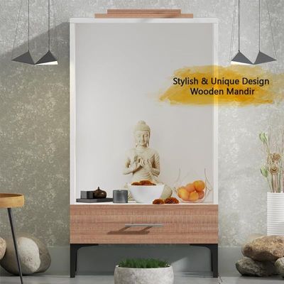 Mahmayi Modern Wooden Mandir, Temple with Single Drawer for Keeping Pooja Essentials, Steel Legs - Brown Arizona Oak - Ideal for Home, Office, Temple