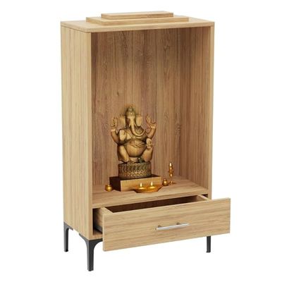 Mahmayi Modern Wooden Mandir, Temple with Single Drawer for Keeping Pooja Essentials, Steel Legs - Brown Kansas Oak - Ideal for Home, Office, Temple