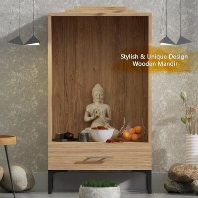 Mahmayi Modern Wooden Mandir, Temple with Single Drawer for Keeping Pooja Essentials, Steel Legs - Brown Kansas Oak - Ideal for Home, Office, Temple
