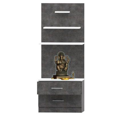 Mahmayi Modern Wooden Mandir, Temple with 2 Drawers and 3 Shelves for Keeping Pooja Essentials, Small Idols - Metal Fabric Anthracite - Ideal for Home, Office, Temple