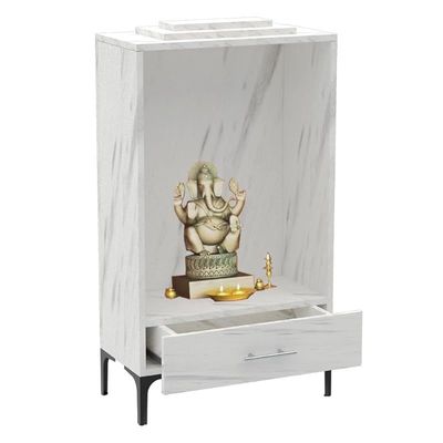 Mahmayi Modern Wooden Mandir, Temple with Single Drawer for Keeping Pooja Essentials, Steel Legs - White Levanto Marble - Ideal for Home, Office, Temple