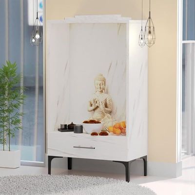 Mahmayi Modern Wooden Mandir, Temple with Single Drawer for Keeping Pooja Essentials, Steel Legs - White Levanto Marble - Ideal for Home, Office, Temple