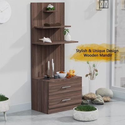 Mahmayi Modern Wooden Mandir, Temple with 2 Drawers and 3 Shelves for Keeping Pooja Essentials, Small Idols - Truffle Brown Branson Robinia - Ideal for Home, Office, Temple