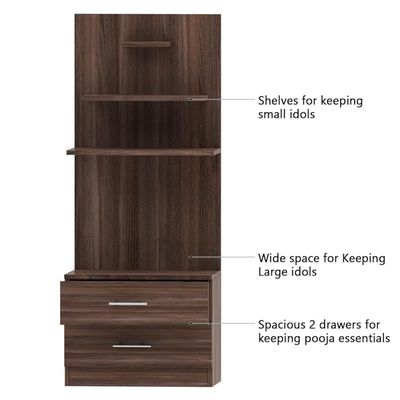 Mahmayi Modern Wooden Mandir, Temple with 2 Drawers and 3 Shelves for Keeping Pooja Essentials, Small Idols - Truffle Brown Branson Robinia - Ideal for Home, Office, Temple