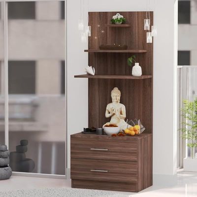 Mahmayi Modern Wooden Mandir, Temple with 2 Drawers and 3 Shelves for Keeping Pooja Essentials, Small Idols - Truffle Brown Branson Robinia - Ideal for Home, Office, Temple
