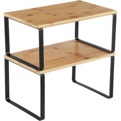 أرفف طاولة المطبخ وتصميم رف التخزين من Mahmayi مع المعدن والخشب الهندسي مع ميزات قابلة للتكديس والتوسيع - أسود (مجموعة من 2)