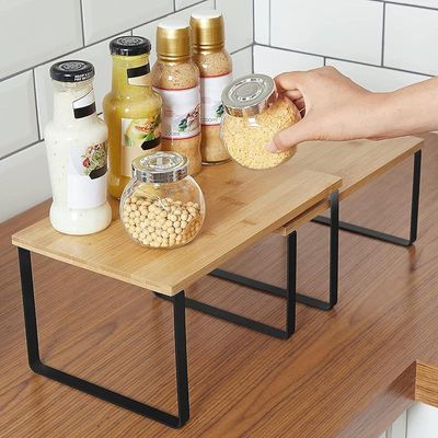 أرفف طاولة المطبخ وتصميم رف التخزين من Mahmayi مع المعدن والخشب الهندسي مع ميزات قابلة للتكديس والتوسيع - أسود (مجموعة من 2)
