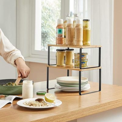 Mahmayi Kitchen Counter Shelves & Storage Rack Design with Metal and Engineered Wood with Stackable and Expandable Features - Black (Set of 2)