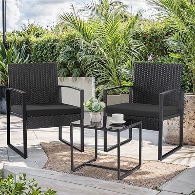 Balcony Outdoor Table And Cushioned Rattan Porch Chairs Set - Black