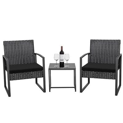 Balcony Outdoor Table And Cushioned Rattan Porch Chairs Set - Black