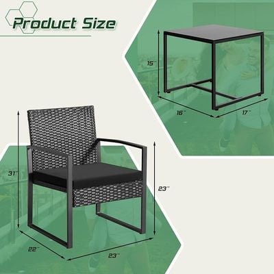 Balcony Outdoor Table And Cushioned Rattan Porch Chairs Set - Black