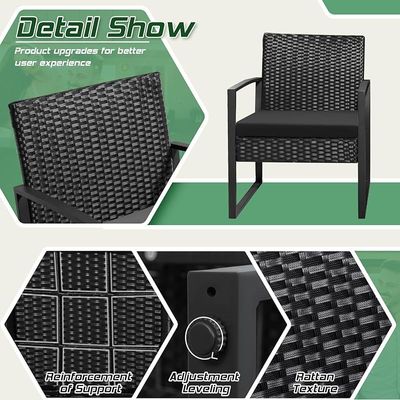 Balcony Outdoor Table And Cushioned Rattan Porch Chairs Set - Black