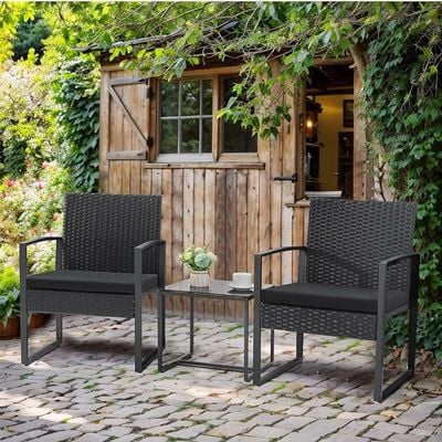 Balcony Outdoor Table And Cushioned Rattan Porch Chairs Set - Black