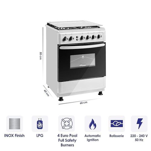 Super General Freestanding Gas-Cooker 4-Burner Full-Safety, Stainless-Steel Cooker, Gas Oven with Rotisserie, Automatic Ignition, Silver, 60 x 60 x 85 cm, SGC-6470-MSFS, 1 Year Warranty