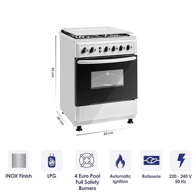 Super General 4 Burner Free Standing Gas Cooker Fully Safe Stainless Steel Gas Oven with Auto Ignition Rotisserie Silver Model SGC-6470-MSFS | 1 year full warranty
