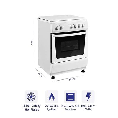 Super General Freestanding Electric-Cooker 4 hot plates, Stainless-Steel Cooker, Electric Oven with Splash Protection, White, 60 x 60 x 85 cm, SGC-6041-BS, 1 Year Warranty