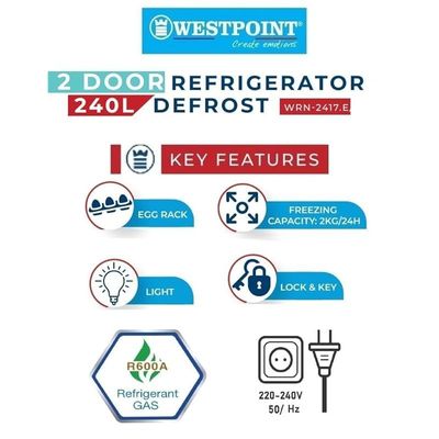 Westpoint 240 Liters Double Door DEFROST Refrigerator 2 Star ESMA RATED with Lock &amp; Light One Year Warranty Silver - WRN-2417EI