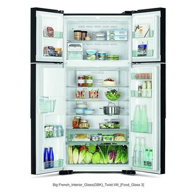Hitachi 760L Gross Side By Side 4 Doors Premium Refrigerator, RW760PUK7GBK, 10 Year Warranty on Inverter Compressor, French Door, No Frost Fridge, Dual Fan Cooling, Movable Twist Ice Tray, Glass Black