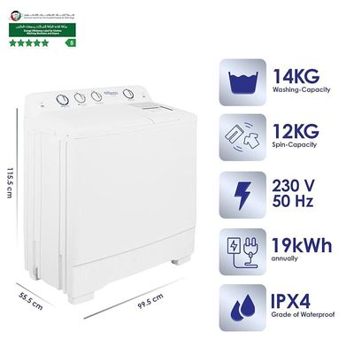 Super General 14 kg Twin-tub Semi-Automatic Washing Machine, White, efficient Top-Load Washer with Lint Filter, Spin-Dry, SGW-150-N, 99.5 x 55.5 x 115.5 cm, 1 Year Warranty