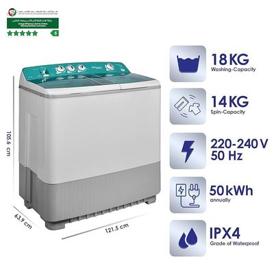 Super General 18 kg Twin tub Semi Automatic Washing Machine Top Load Washer with Lint Filter Spin Dry Light Grey/Green Model- SGW-1800 | ‎1 Year full Warranty