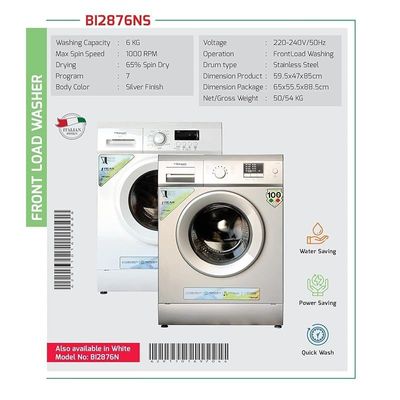 Bompani 6Kg Front Load Washing Machine 1000 RPM Sliver Model - BI2876NS 1 Year Full Warranty.