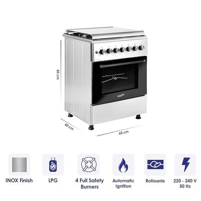 Super General Freestanding Gas-Cooker 4-Burner Full-Safety, Stainless-Steel Cooker, Gas Oven with Rotisserie, Cast-Iron, Automatic Ignition, Silver, 60 x 60 x 85 cm, SGC-67-FS, 1 Year Warranty