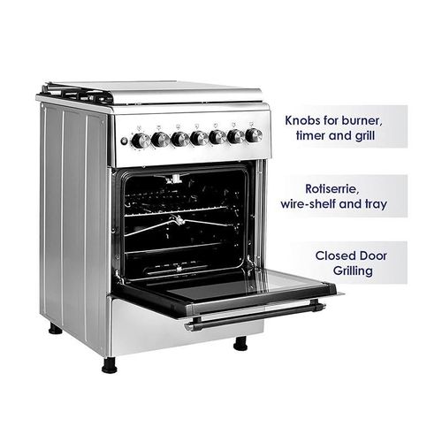 Super General Freestanding Gas-Cooker 4-Burner Full-Safety, Stainless-Steel Cooker, Gas Oven with Rotisserie, Cast-Iron, Automatic Ignition, Silver, 60 x 60 x 85 cm, SGC-67-FS, 1 Year Warranty