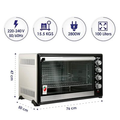 Super General 100 Liter Stainless Steel Electric Oven, Rotisserie-Grill, Convection-Oven, Thermostat, Timer, SGEO-100-TRC, Black/Silver, 76 x 50 x 47 cm, 1 Year Warranty