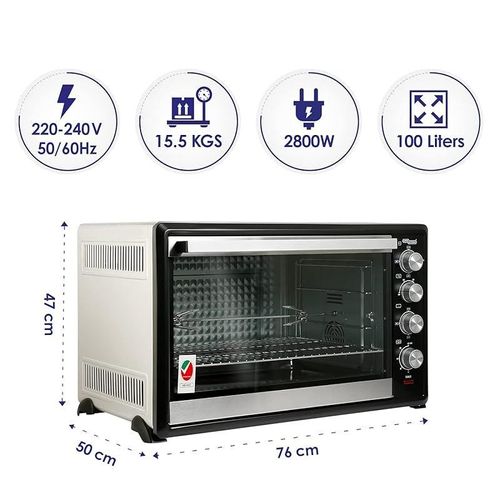 Super General 100 Liter Stainless Steel Electric Oven, Rotisserie-Grill, Convection-Oven, Thermostat, Timer, SGEO-100-TRC, Black/Silver, 76 x 50 x 47 cm, 1 Year Warranty