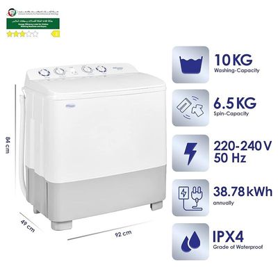 Super General 10 kg Twin-tub Semi-Automatic Washing Machine, White, efficient Top-Load Washer with Low noise gear box, Spin-Dry, SGW-1056-N, 84 x 49 x 92 cm, 1 Year Warranty