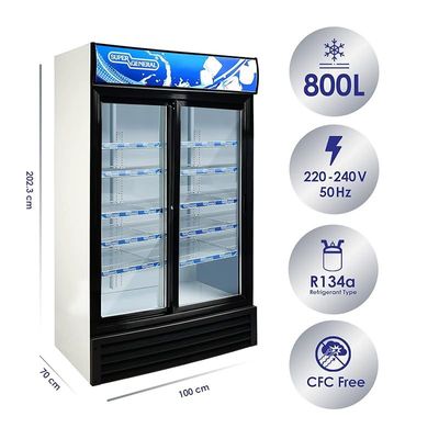 Super General 1000 Liter Gross Double-Door Chiller, Upright Beverage-Showcase, Energy-saving, low-noise, White/Black, SGSC-1017-IS, 100 x 70 x 202.3 cm, 1 Year Warranty