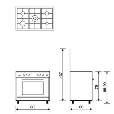 GlemGas Gas Cooker, Oven & Grill with 5 Burners 80 x 60 cm Stainless Steel Silver Model: SE8612GI - 1 Year Full Warranty