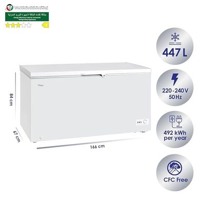 Super General Chest-Freezer 640 Liter Gross Volume, SGF-644-H, White, Rectangular Deep-Freezer, Sliding GlassDdoor, Lock &amp; Key, Wheels, 166 x 67 x 84 cm, 1 Year Warranty