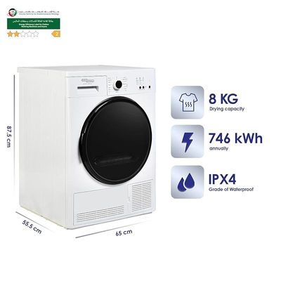 Super General 8 kg Front Loading Dryer, 15 Programs, Condenser-Dryer, Energy-efficient, SGWD-8700-EDM-W, White, 65 x 55.5 x 88.5 cm, 1 Year Warranty