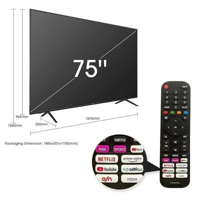 Hisense 75 Inch TV UHD Smart HDR 10/HLG Wifi (2.4GHZ) Bluetooth 5.0 DLNA HDCP Version H.265 decoder - 75A6GE (2021 Model)