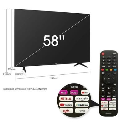 Hisense 58 Inch TV UHD Smart HDR 10/HLG Wifi (2.4GHZ) Bluetooth 5.0 DLNA HDCP Version H.265 decoder - 58A61K (2021 Model)