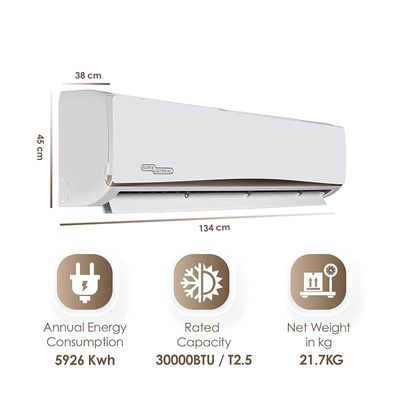 Super General 2.5 Ton Split Air Conditioner, 30000 BTU, Rotary Compressor, Auto Restart, Gold Fin, 4-way swing, SGS-315-NE, White - 134 x 45 x 38 cm, 1 Year Warranty